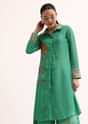 Green Printed Tussar Crop Top And Palazzo Set