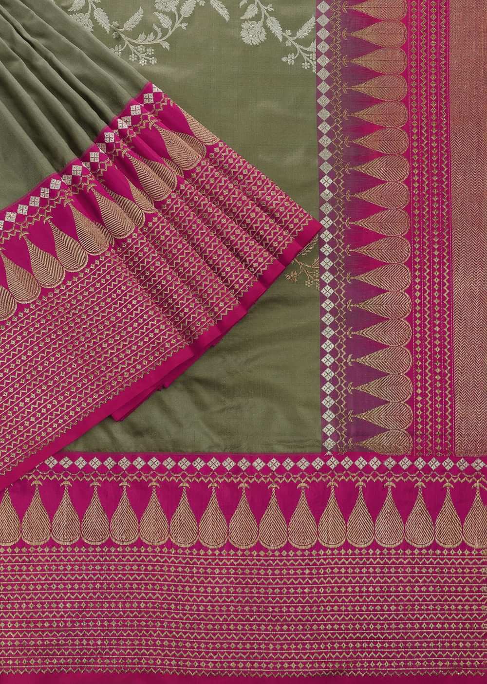 Green & Rani Pink Handloom Banarasi Saree In Katan Silk With Fancy Border And Unstitched Blouse