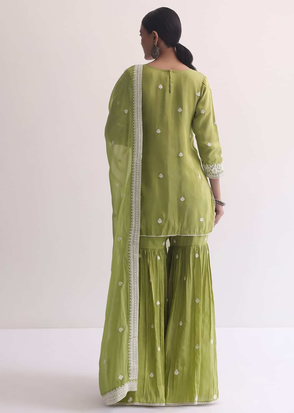 Green Organza Sharara Set In Threadwork