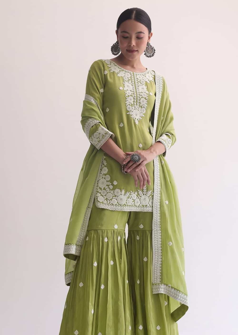 Green Organza Sharara Set In Threadwork