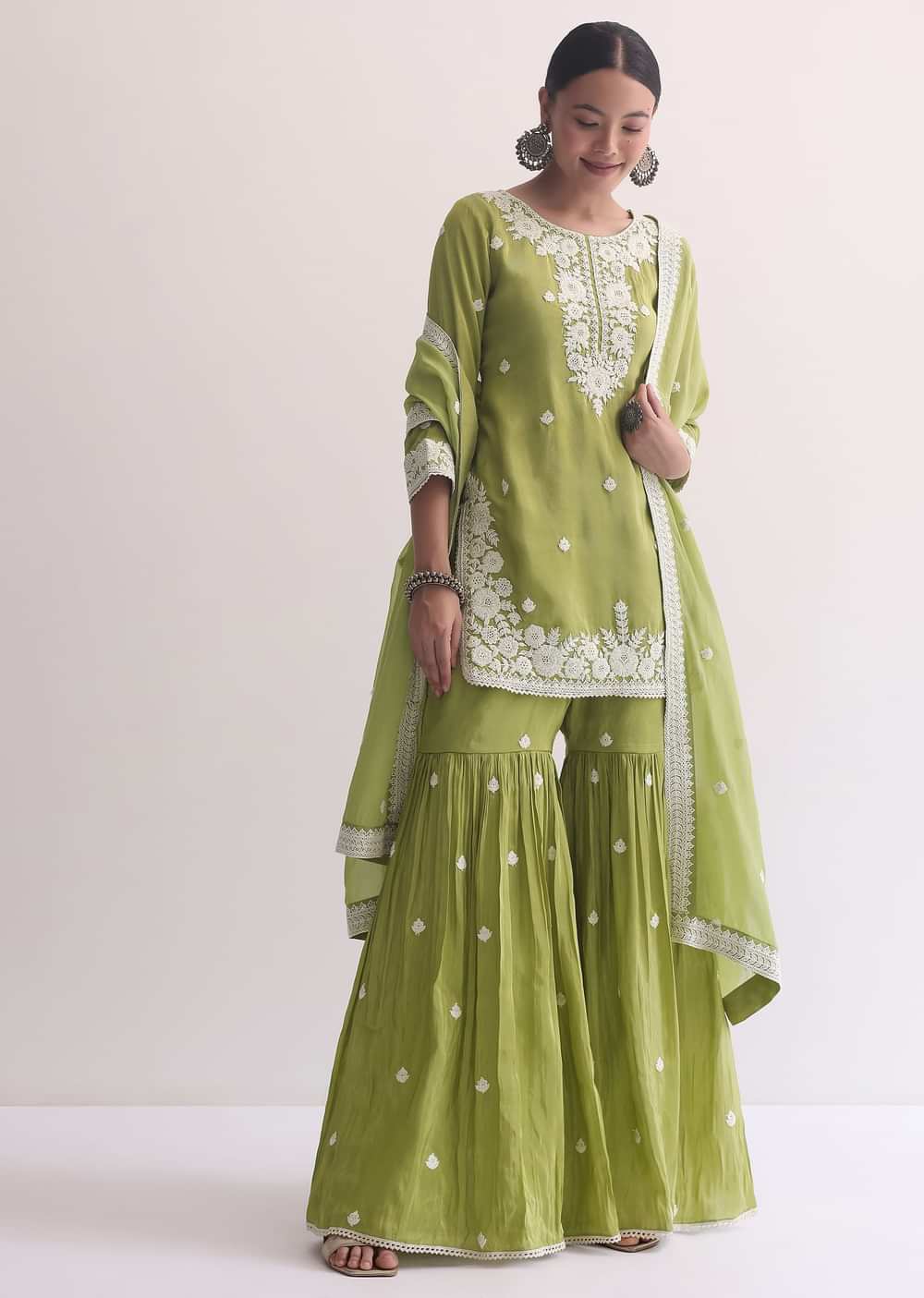 Green Organza Sharara Set In Threadwork
