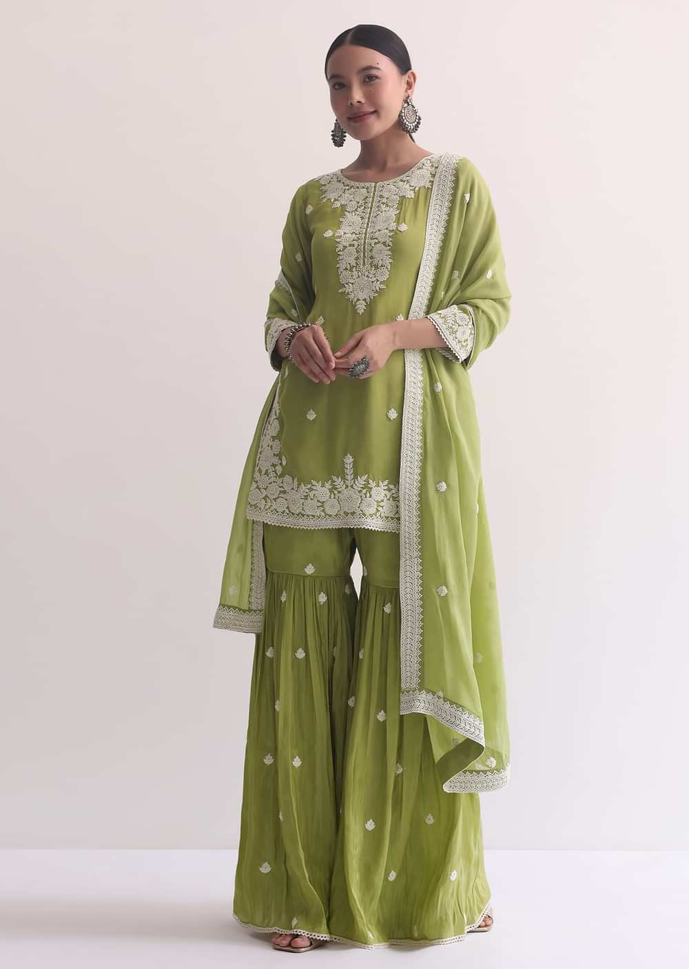 Green Organza Sharara Set In Threadwork