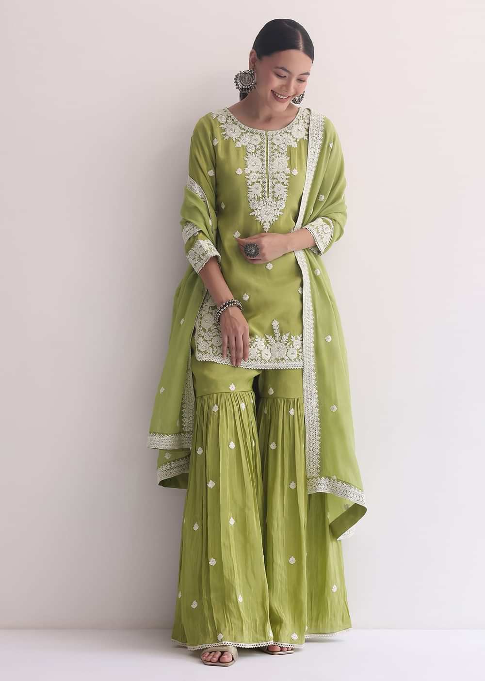 Green Organza Sharara Set In Threadwork