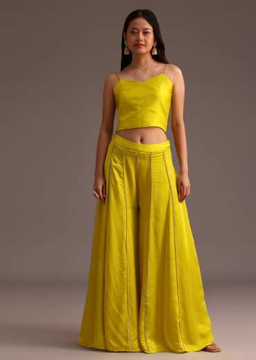 Lime Green Resham Work Palazzo Croptop Set With Jacket