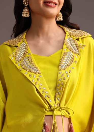 Lime Green Resham Work Palazzo Croptop Set With Jacket