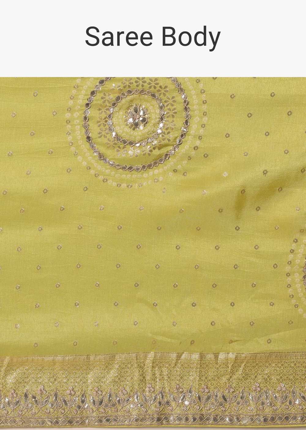 Green Saree In Dola Silk With Gota Work Pallu And Unstitched Blouse Fabric