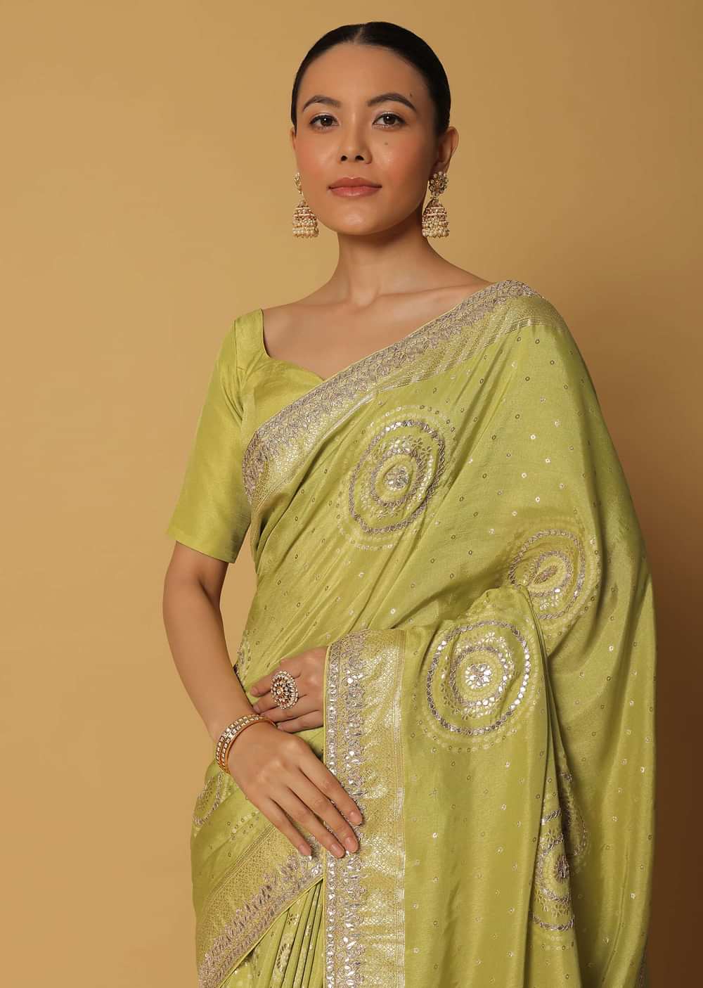 Green Saree In Dola Silk With Gota Work Pallu And Unstitched Blouse Fabric