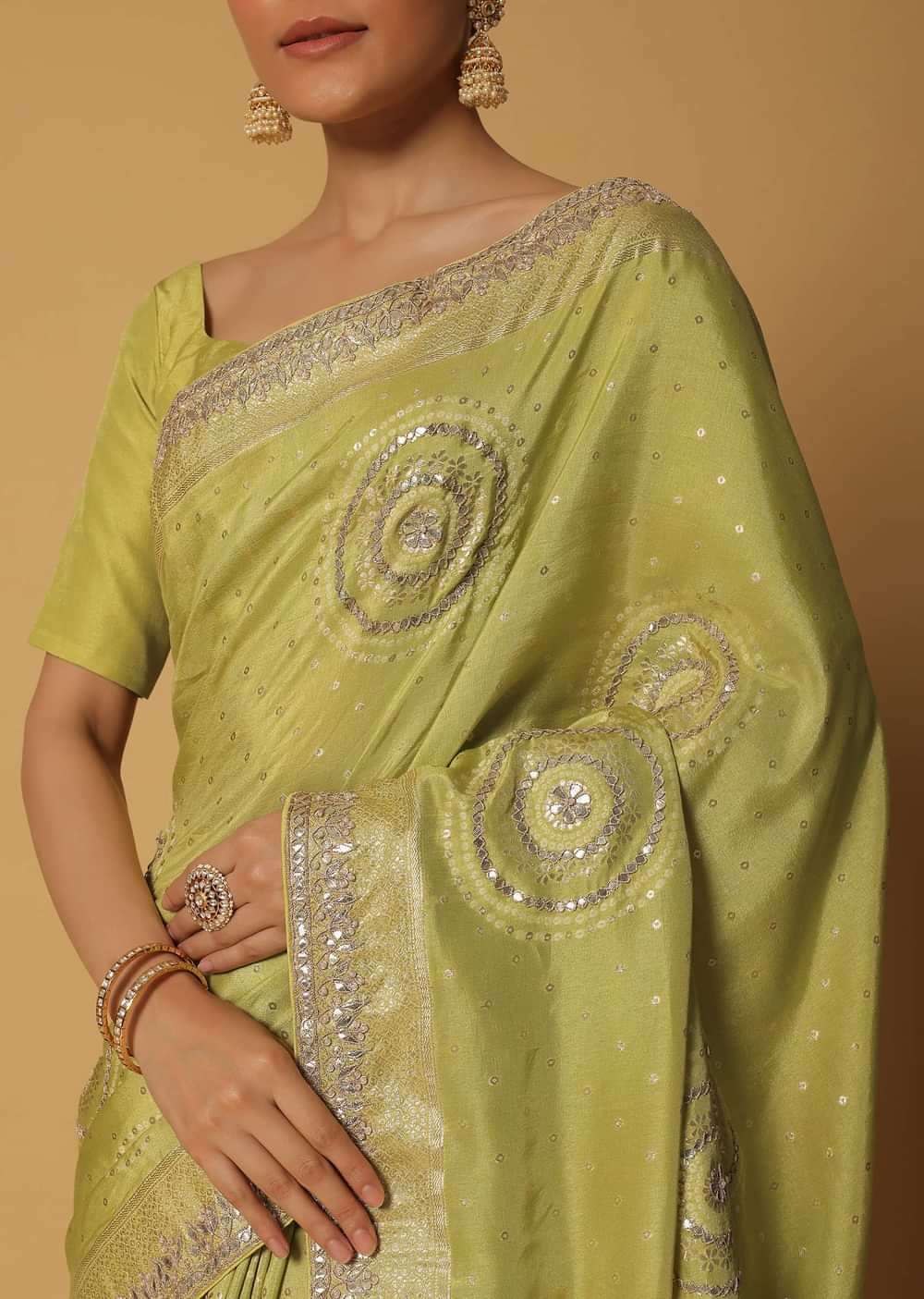 Green Saree In Dola Silk With Gota Work Pallu And Unstitched Blouse Fabric