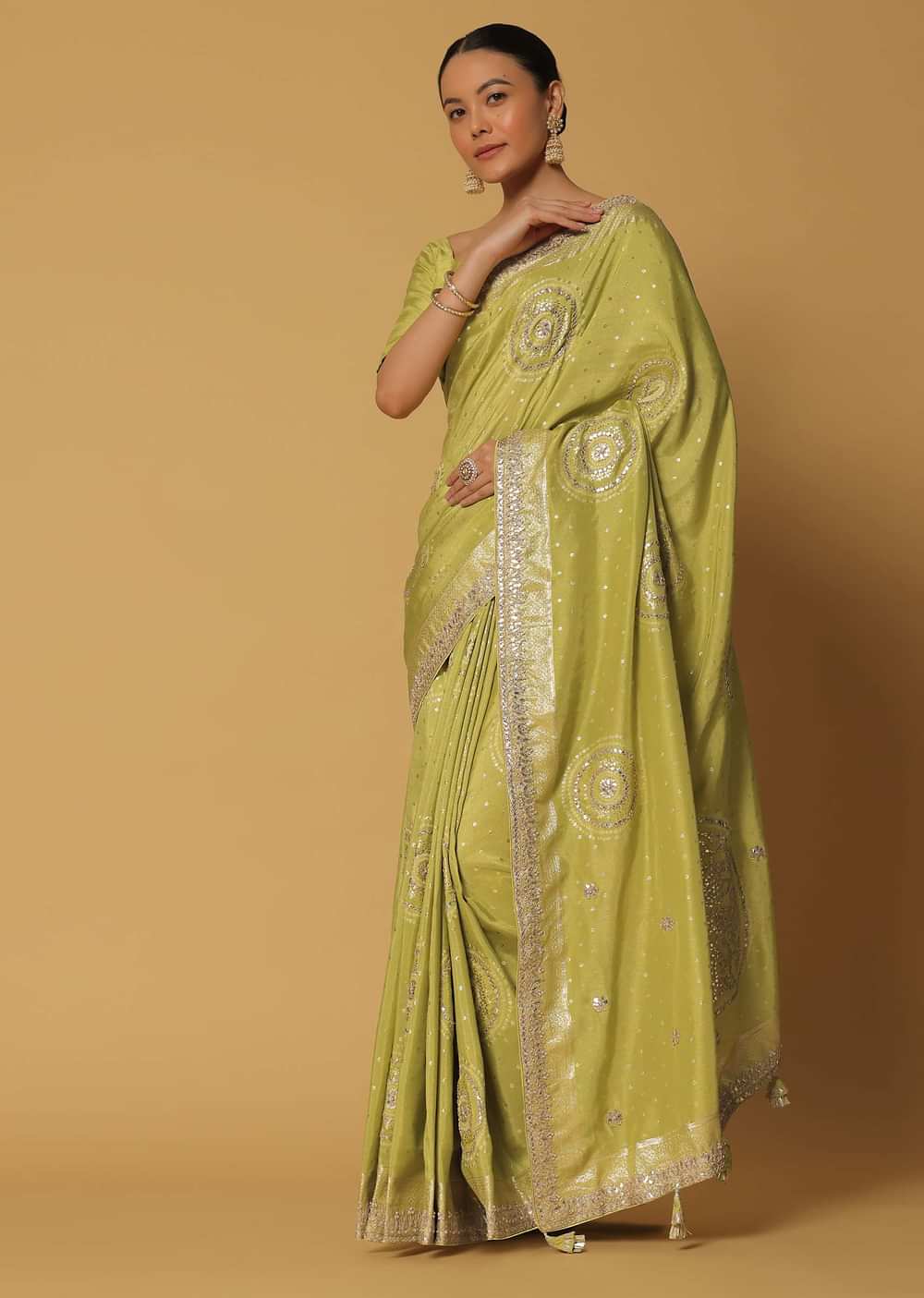 Green Saree In Dola Silk With Gota Work Pallu And Unstitched Blouse Fabric
