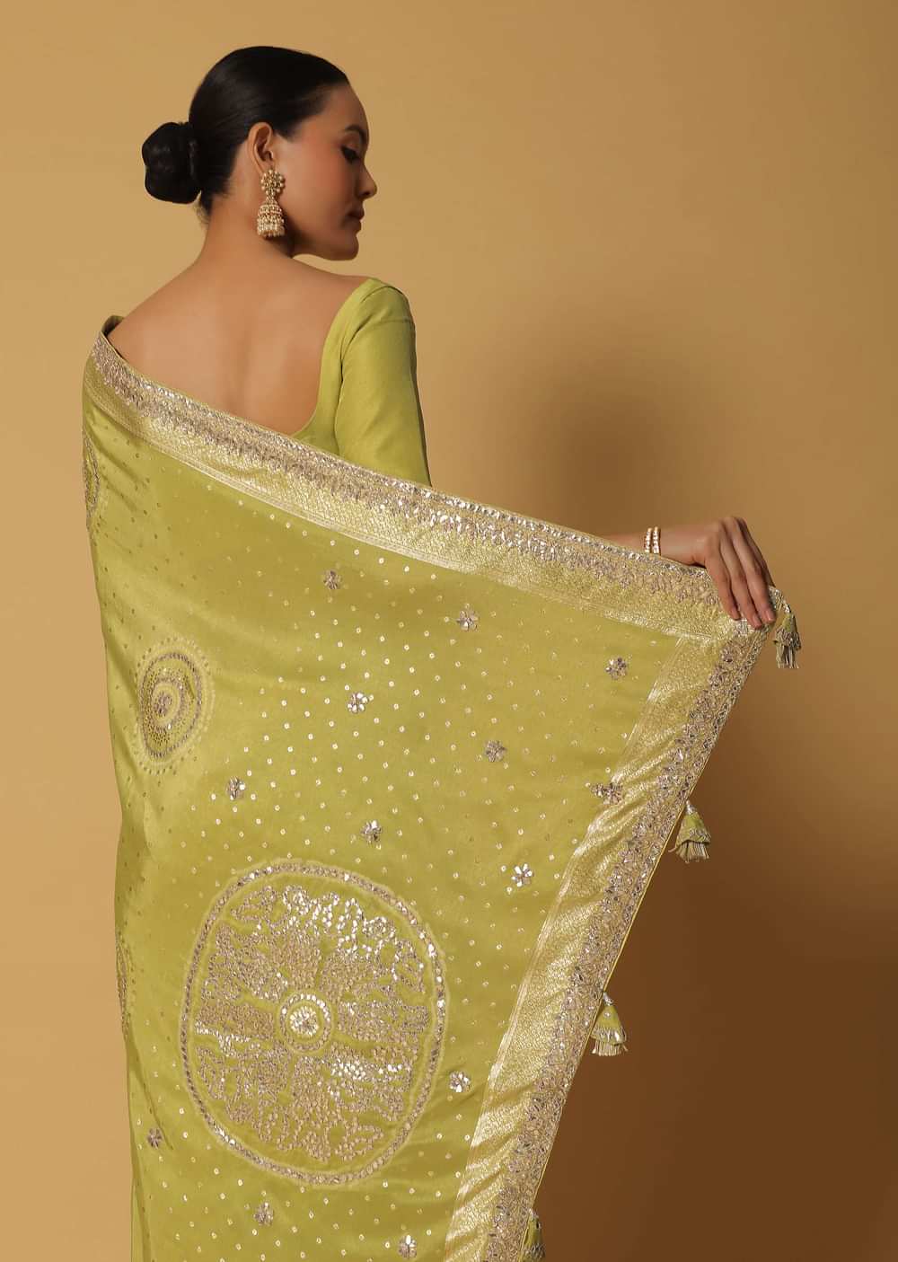 Green Saree In Dola Silk With Gota Work Pallu And Unstitched Blouse Fabric