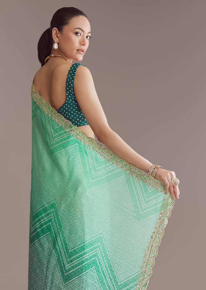 Green Satin Ombre Saree With Gota Patti Embroidery