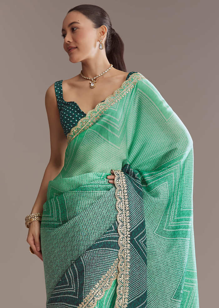 Green Satin Ombre Saree With Gota Patti Embroidery