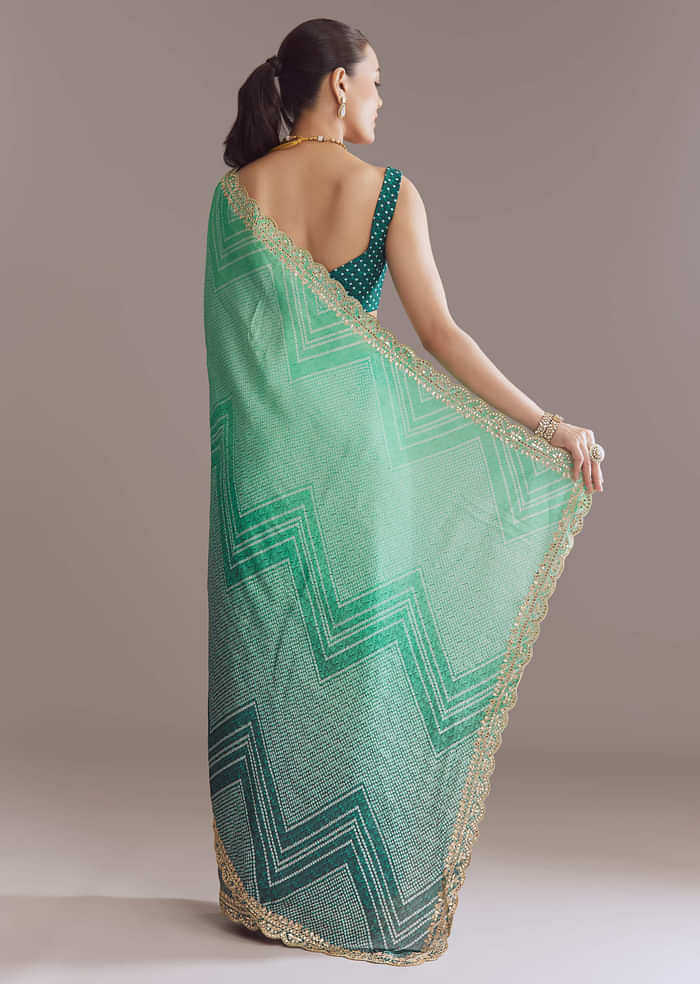 Green Satin Ombre Saree With Gota Patti Embroidery