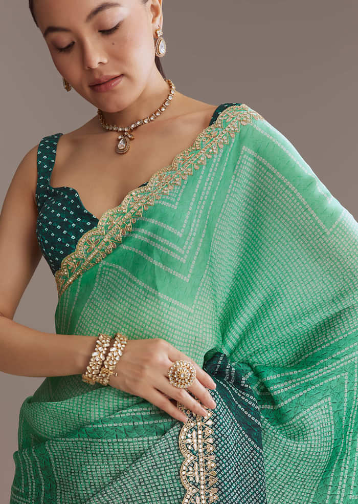 Green Satin Ombre Saree With Gota Patti Embroidery