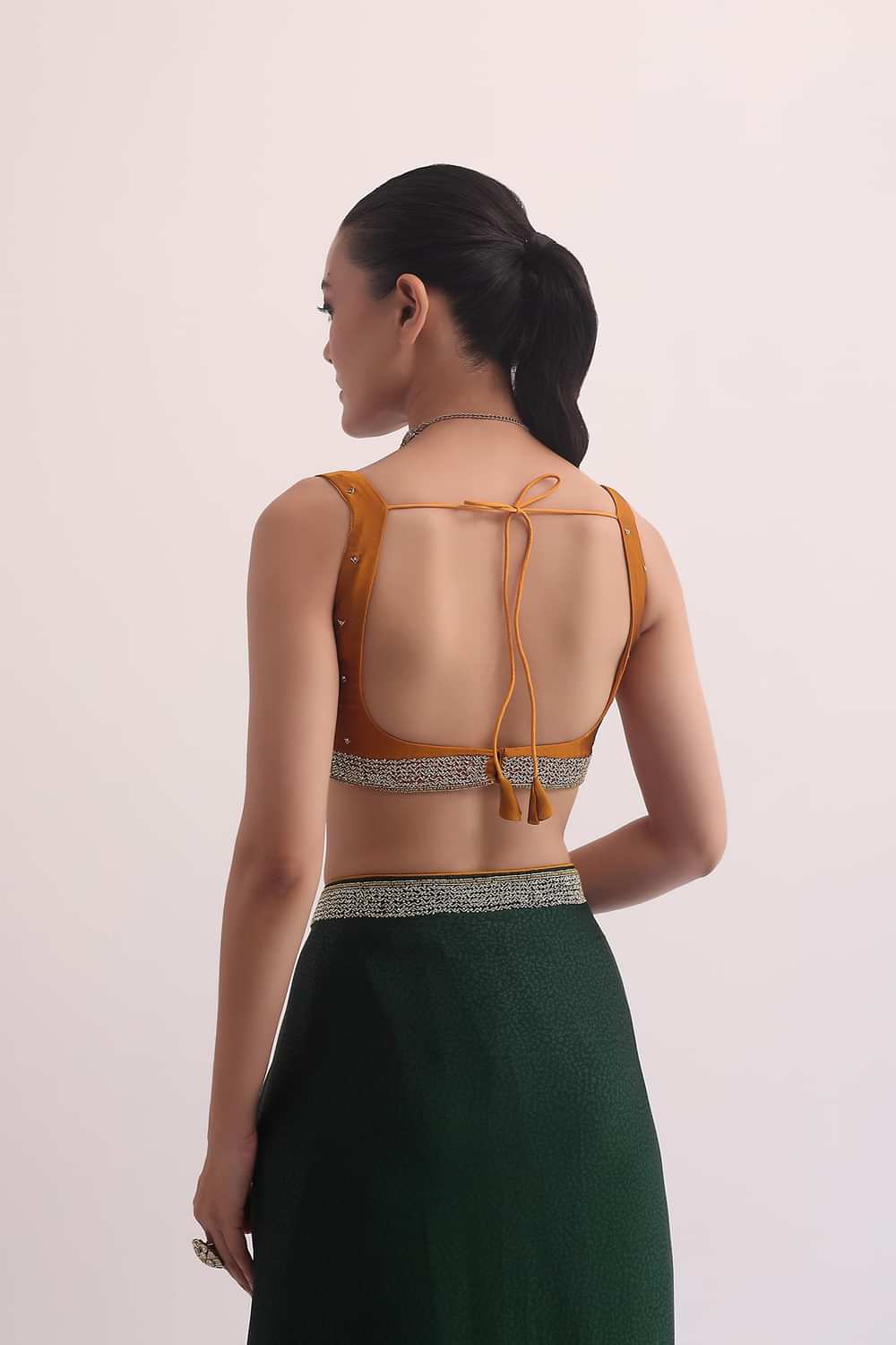 Green Satin Saree In Stone Studded Embroidery With Unstitched Blouse