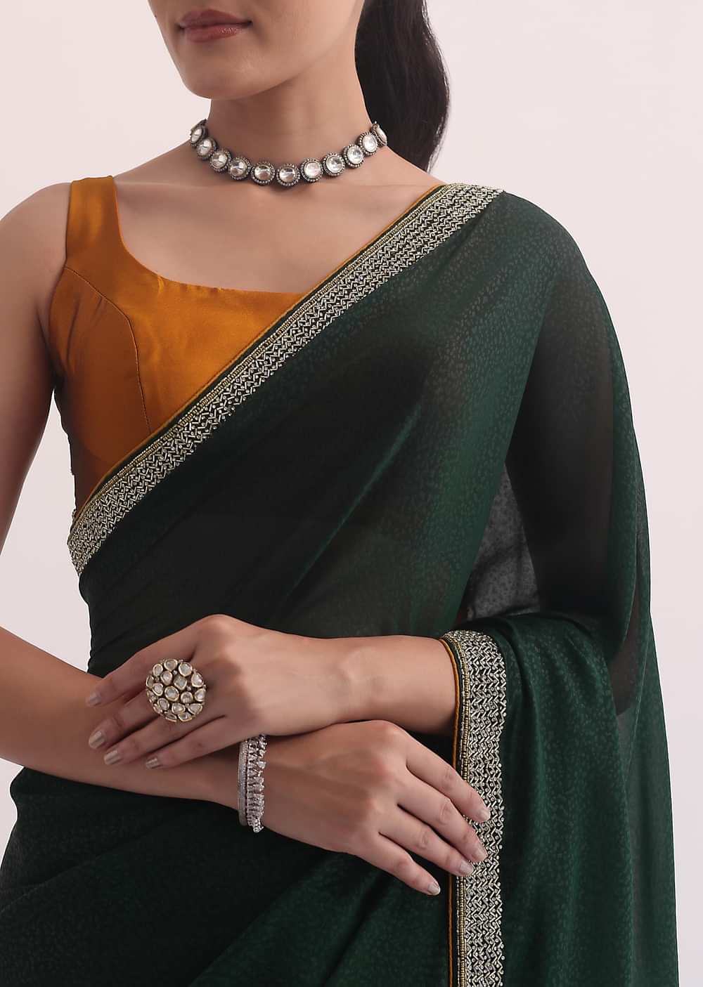 Green Satin Saree In Stone Studded Embroidery With Unstitched Blouse