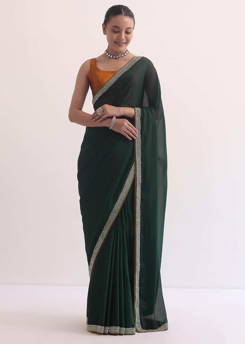 Green Satin Saree In Stone Studded Embroidery With Unstitched Blouse