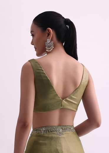 Green Satin Tissue Saree With Sequin Scallop Work And Unstitched Blouse Fabric