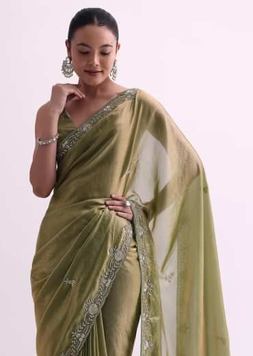 Green Satin Tissue Saree With Sequin Scallop Work And Unstitched Blouse Fabric