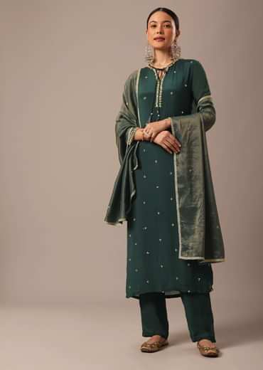 Green Sequin Embellished Kurta Set With Hand Embroidery