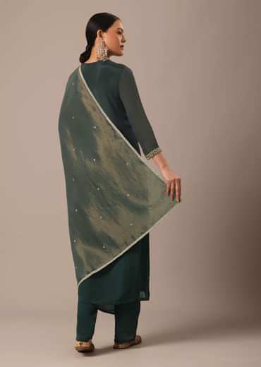 Green Sequin Embellished Kurta Set With Hand Embroidery
