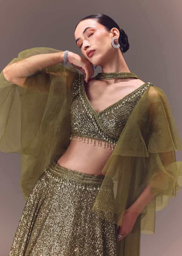 Green Sequin Frill Blouse With Lehenga And Choker Dupatta