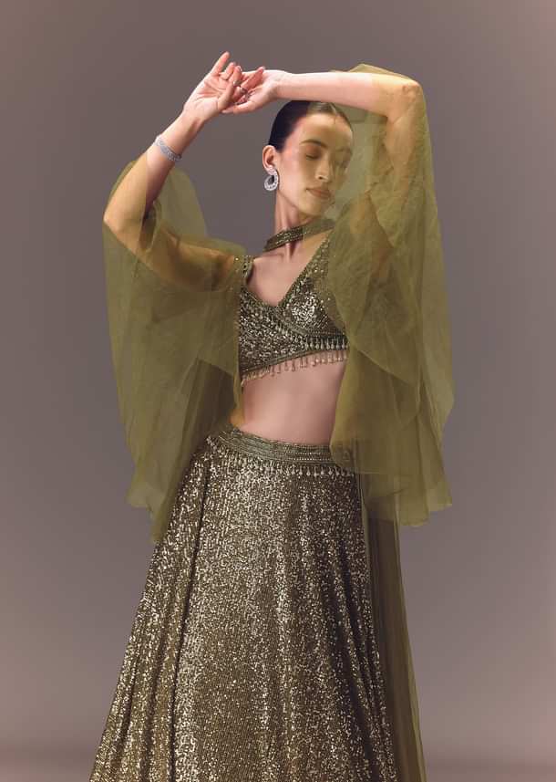 Green Sequin Frill Blouse With Lehenga And Choker Dupatta