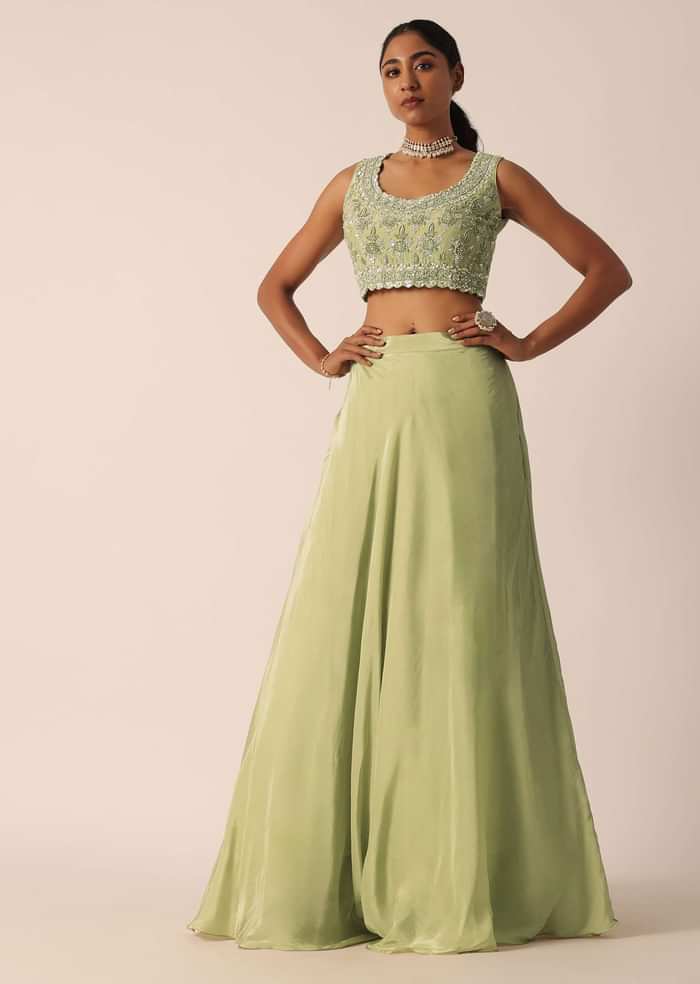 Green Sequin Work Blouse And Skirt Set