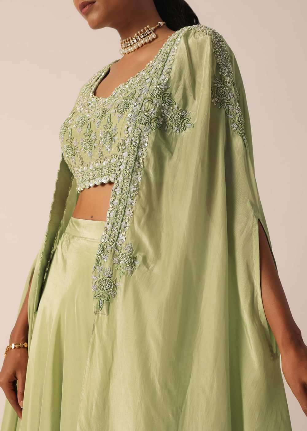 Green Sequin Work Blouse And Skirt Set