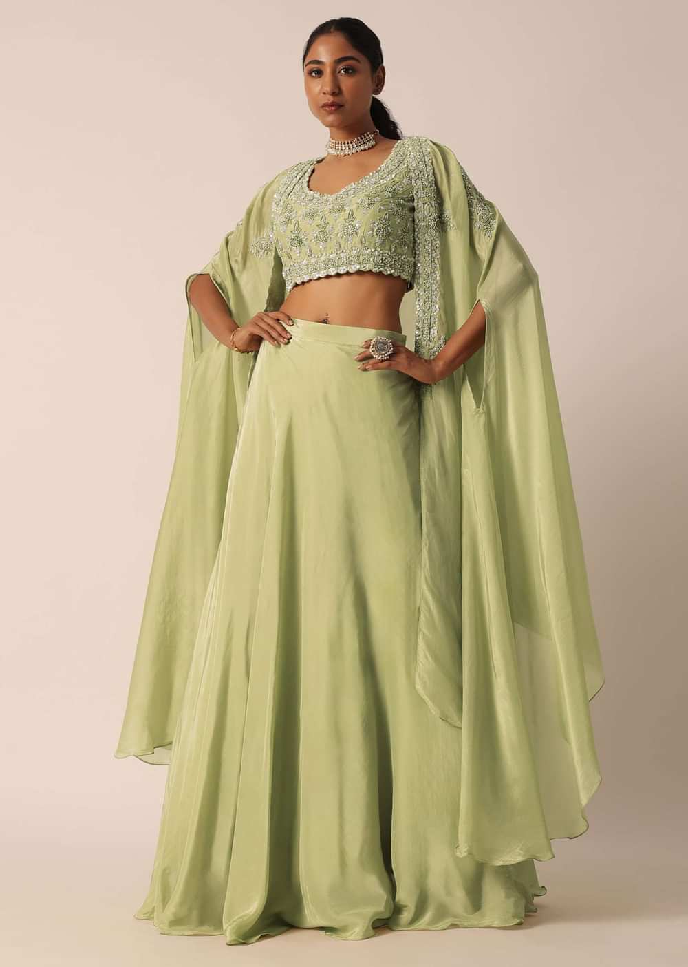 Green Sequin Work Blouse And Skirt Set
