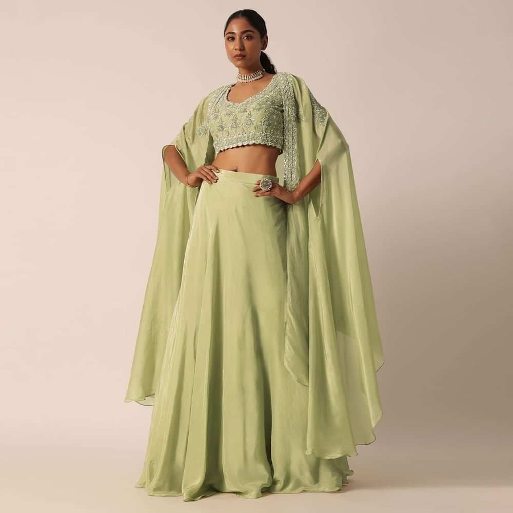Green Sequin Work Blouse And Skirt Set