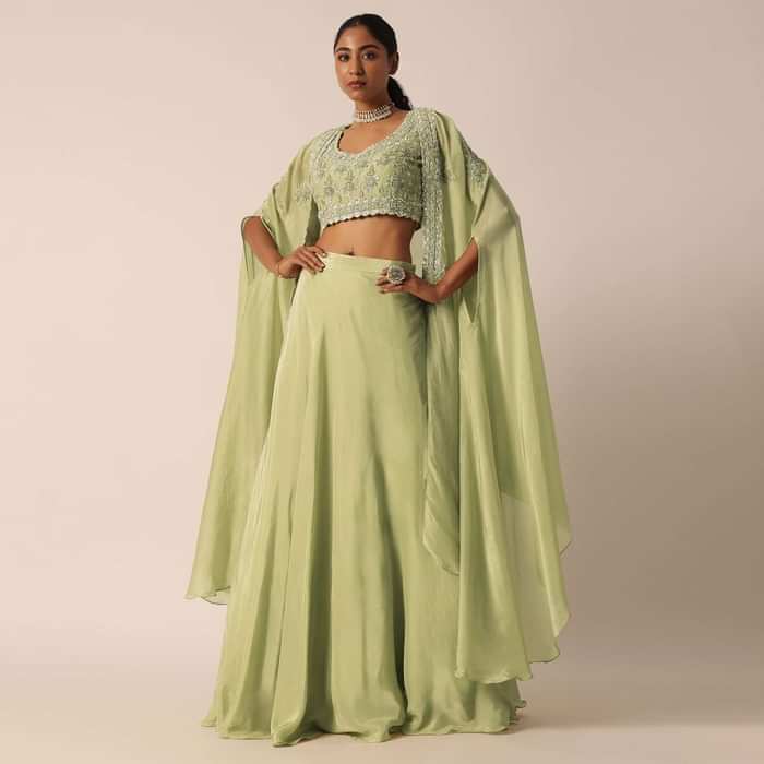 Green Sequin Work Blouse And Skirt Set