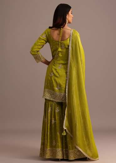 Green Sequins Kurti Sharara With Chanderi Banarasi Dupatta