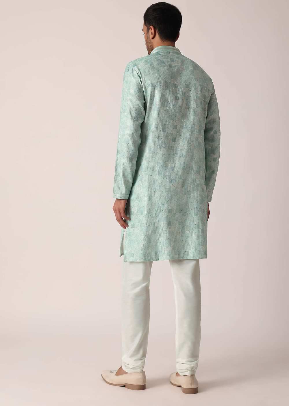Green Sequins Print Kurta Set For Men