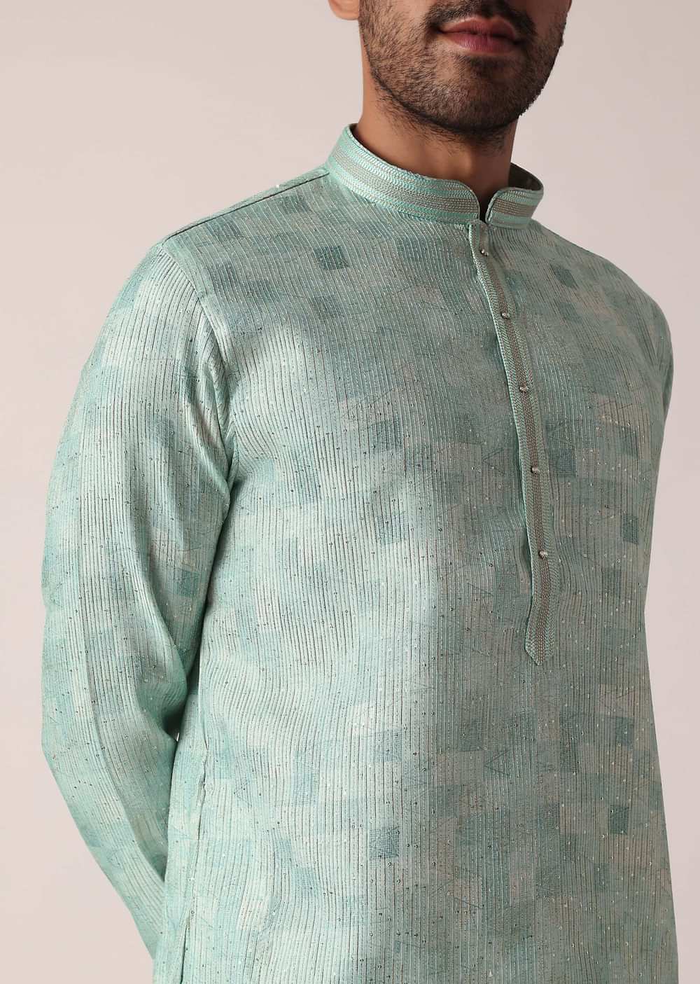 Green Sequins Print Kurta Set For Men