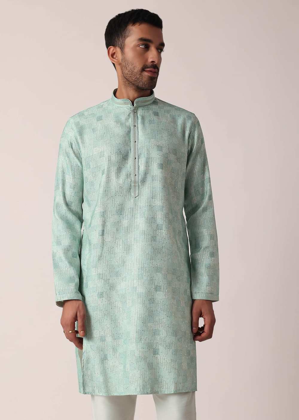 Green Sequins Print Kurta Set For Men