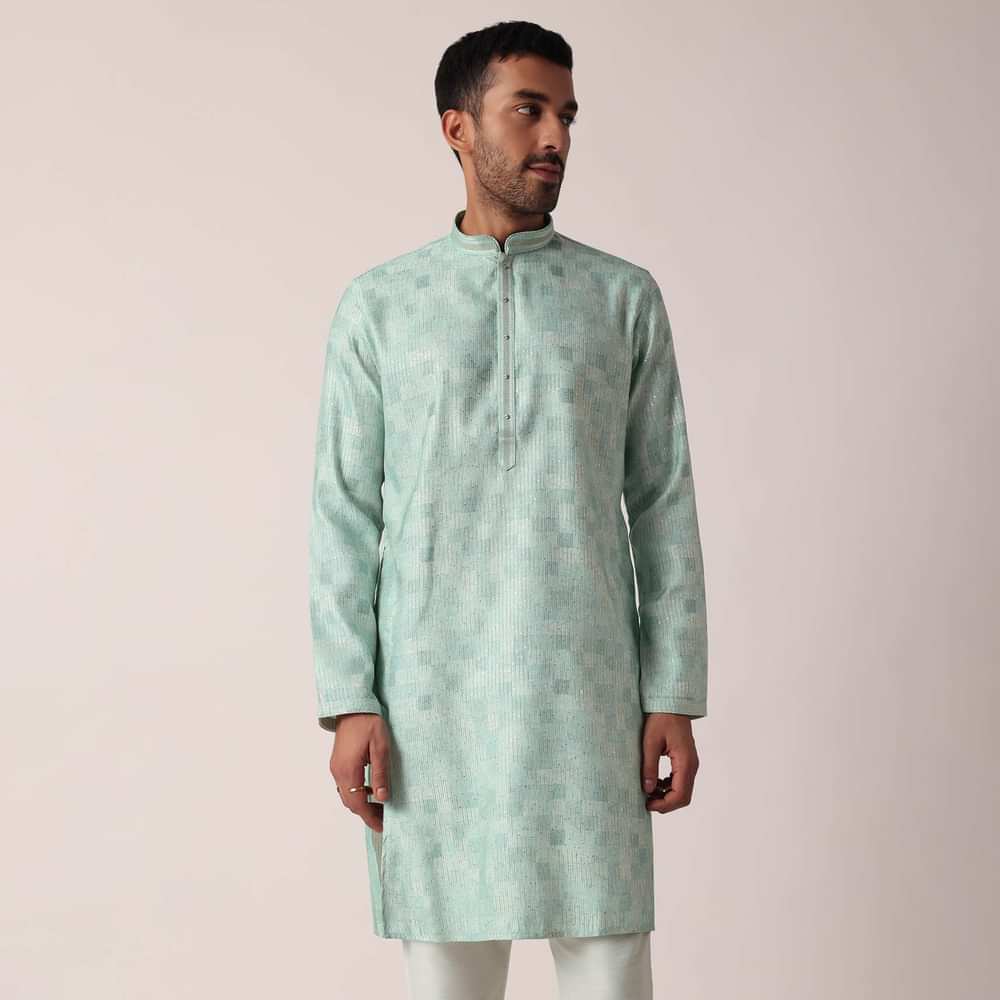 Green Sequins Print Kurta Set For Men