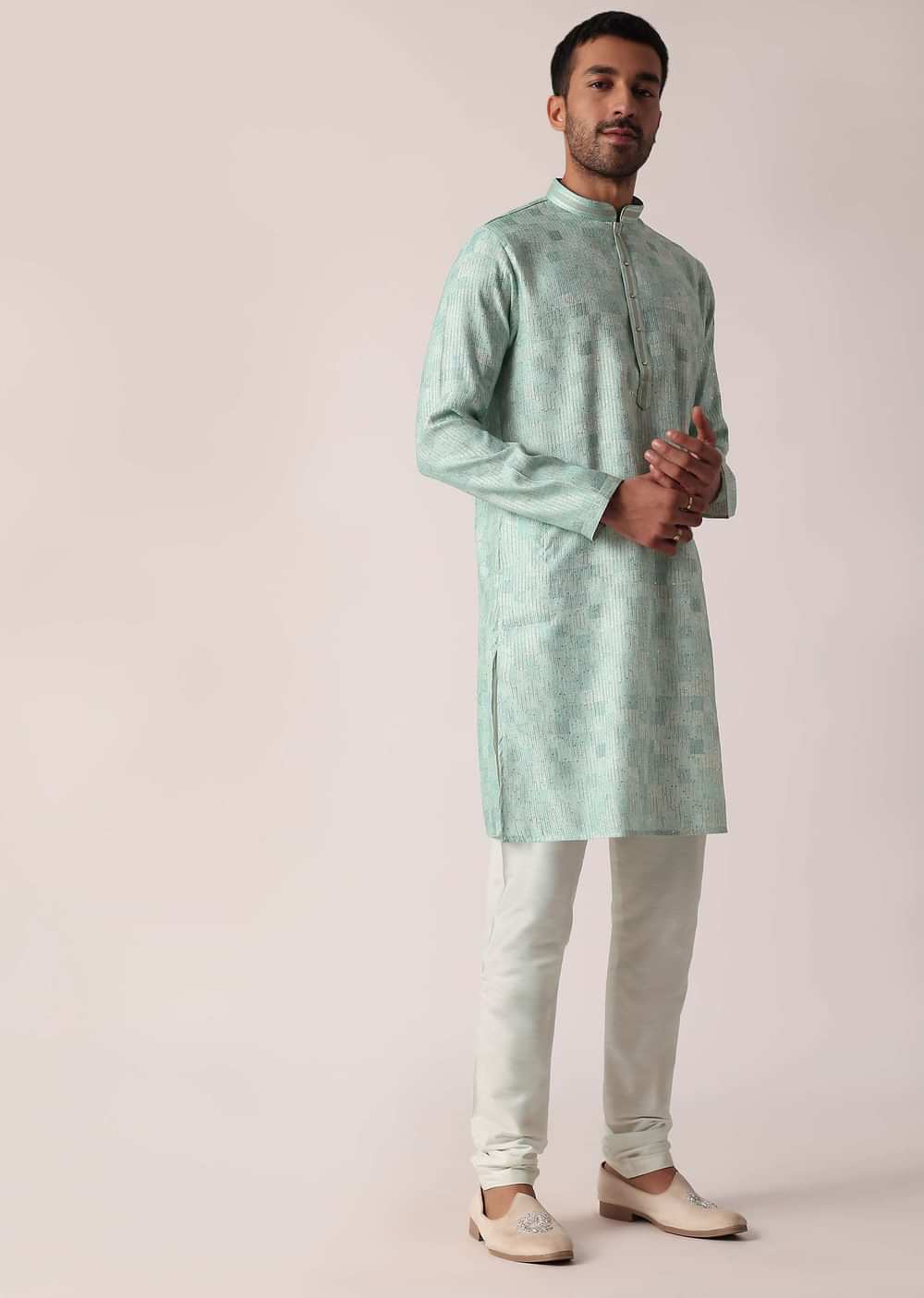 Green Sequins Print Kurta Set For Men