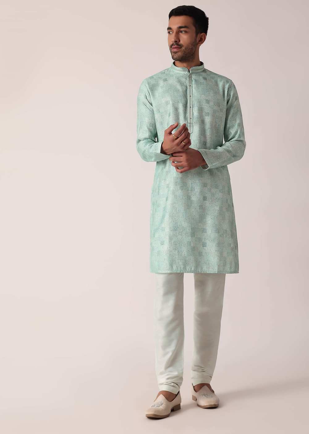 Green Sequins Print Kurta Set For Men