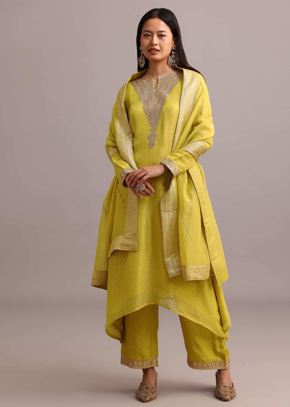 Green Sequins Work On Kurti Pant Set With Banarasi Weave Dupatta