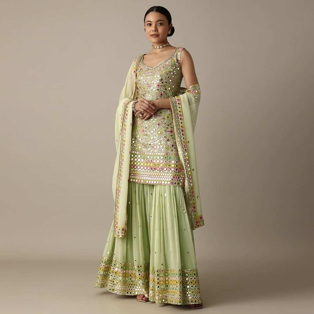 Green Sharara Set With Exquisite Mirror Work