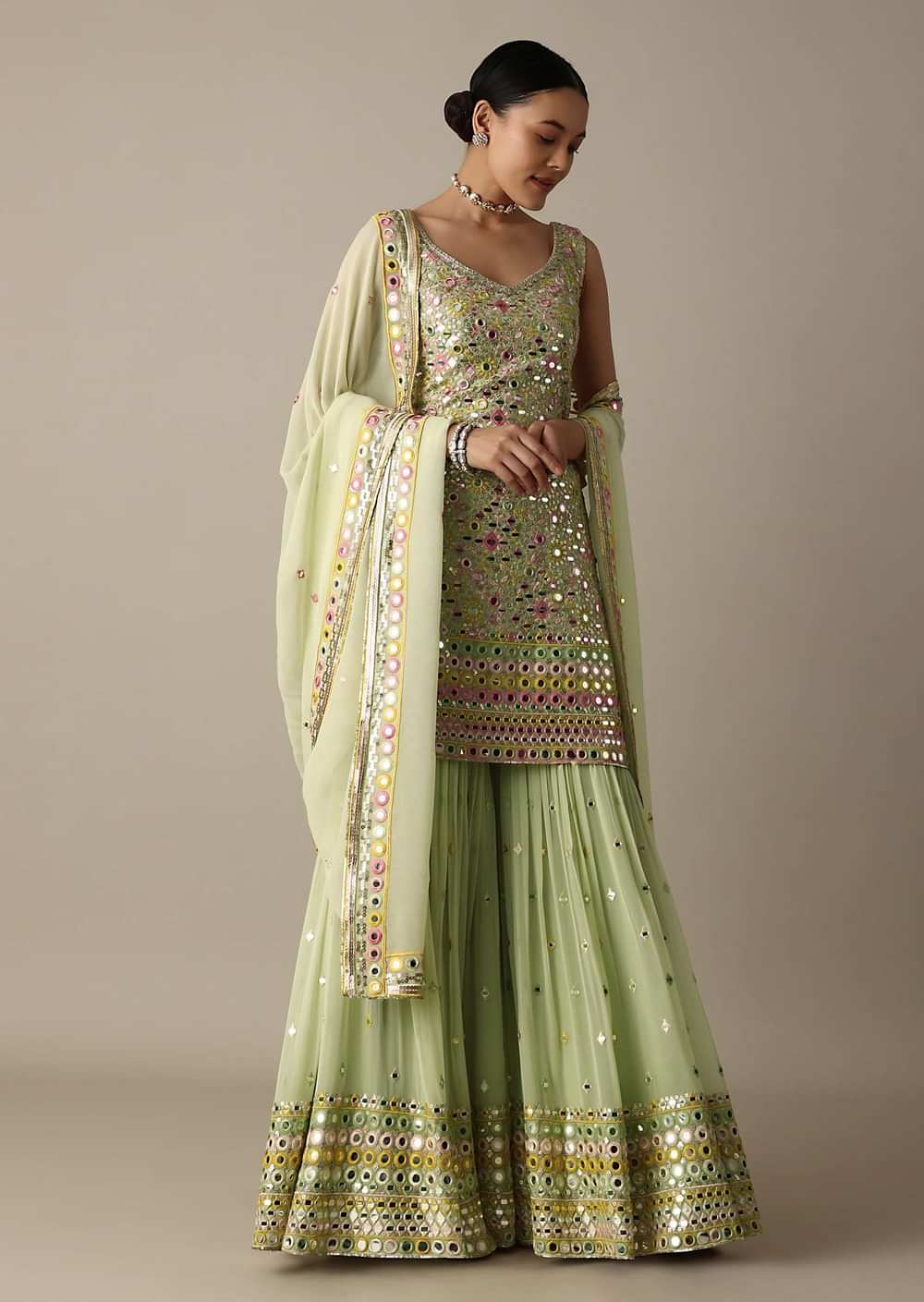 Green Sharara Set With Exquisite Mirror Work