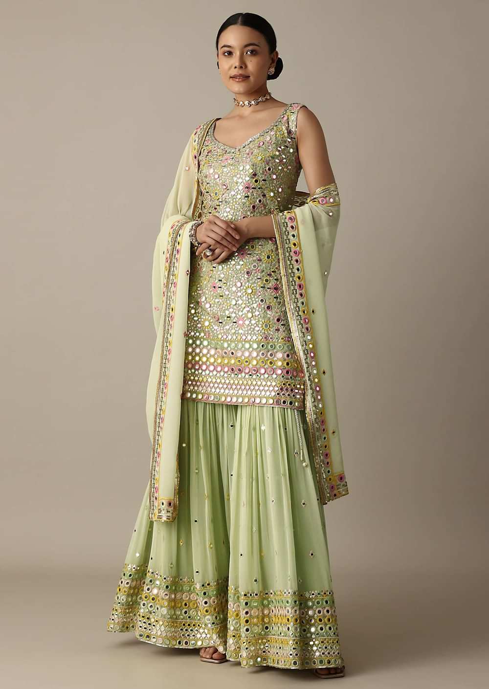 Green Sharara Set With Exquisite Mirror Work
