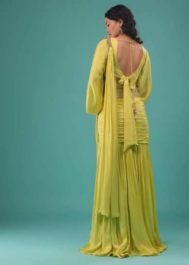 Green Sheen Yellow Ready-Pleated Saree In Satin