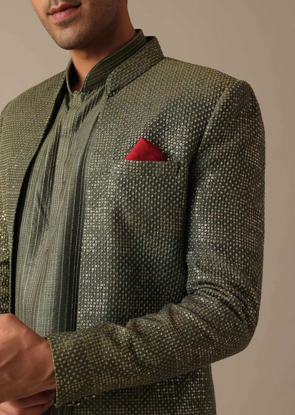 Green Sherwani And Kurta Set In Dupion Silk