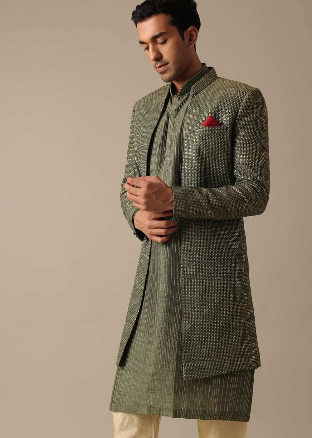 Green Sherwani And Kurta Set In Dupion Silk