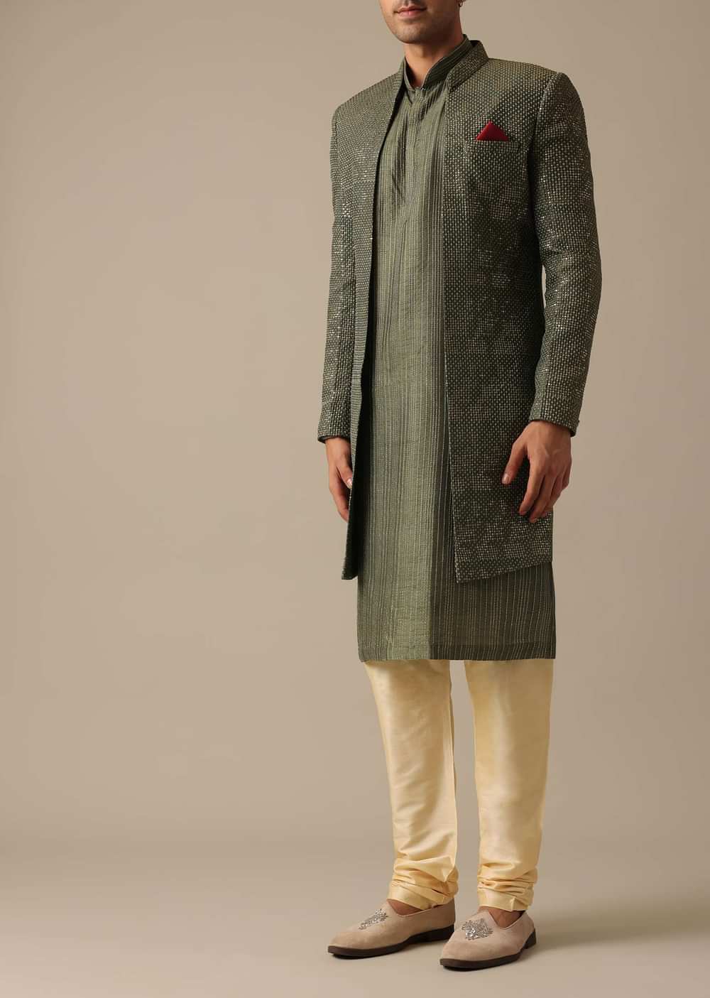 Green Sherwani And Kurta Set In Dupion Silk