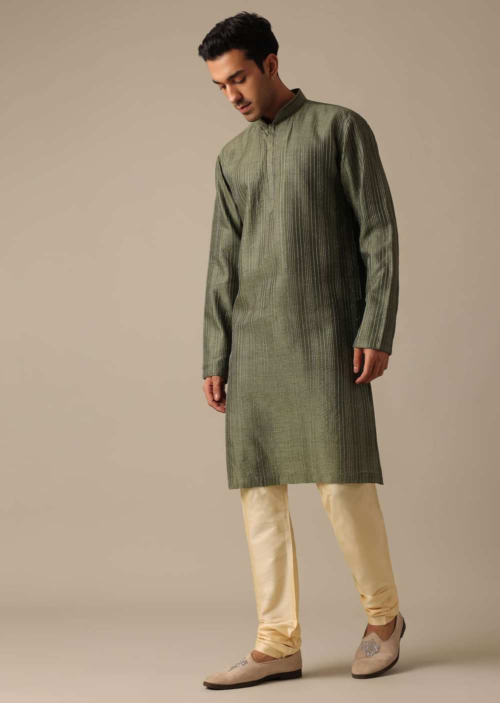 Green Sherwani And Kurta Set In Dupion Silk