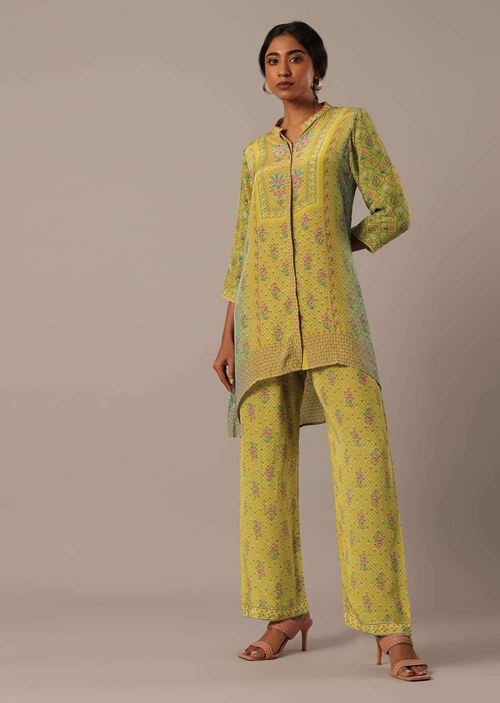 Green Shirt Collar Printed Short Kurta With Pants