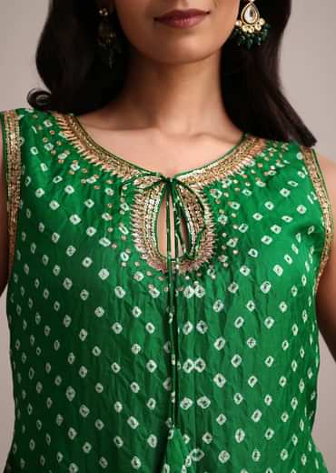 Green Silk Bandhani Print Kurta Dhoti Set
